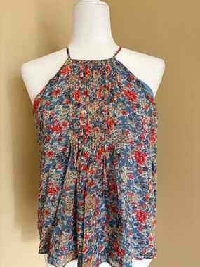 Sleeveless Floral Halter Top in Blue and Red